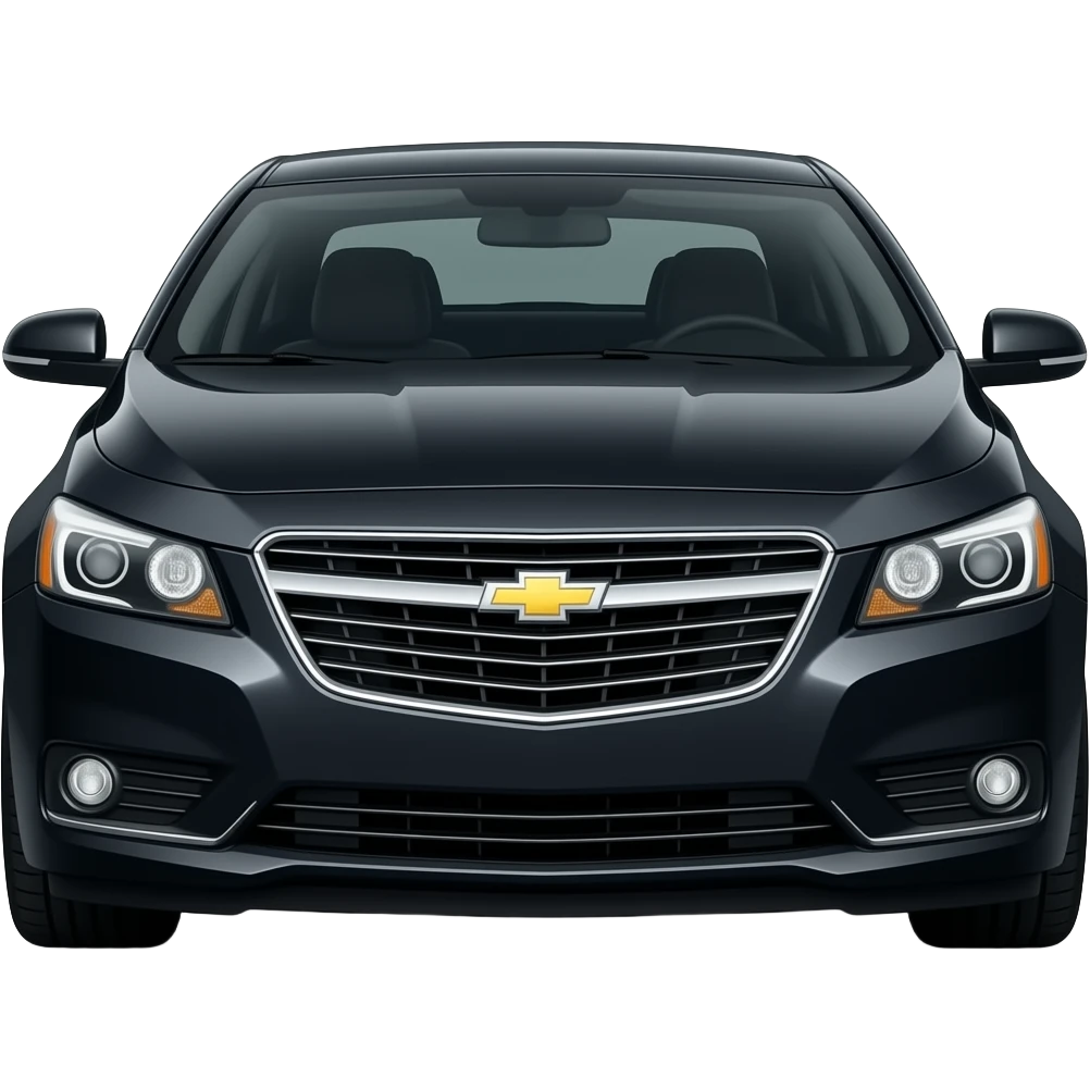 A realistic, high-detail photograph of a glossy black Chevrolet Malibu 2 Turbo Premier sedan with tinted windows, illuminated headlights on the front, and black alloy rims. emoji