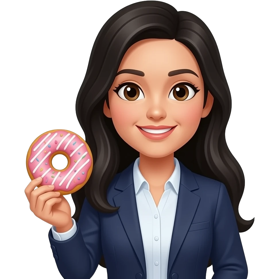female marketing director cute long black hair with dohnuhts emoji
