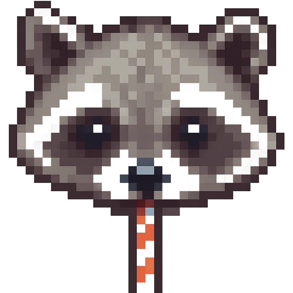 Show only the raccoon's face drinking through a straw in pixel art style, with no background, focusing on pixel art details and clarity. emoji