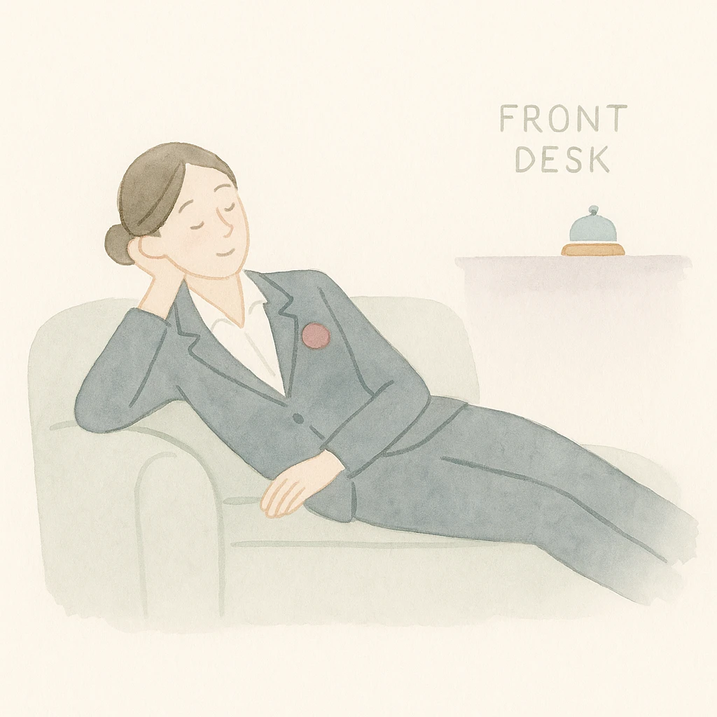 soft watercolor illustration in a minimalist, modern style, hotel receptionist lying on a couch, pastel colors, delicate linework, gentle whimsical mood, minimal soft shading emoji