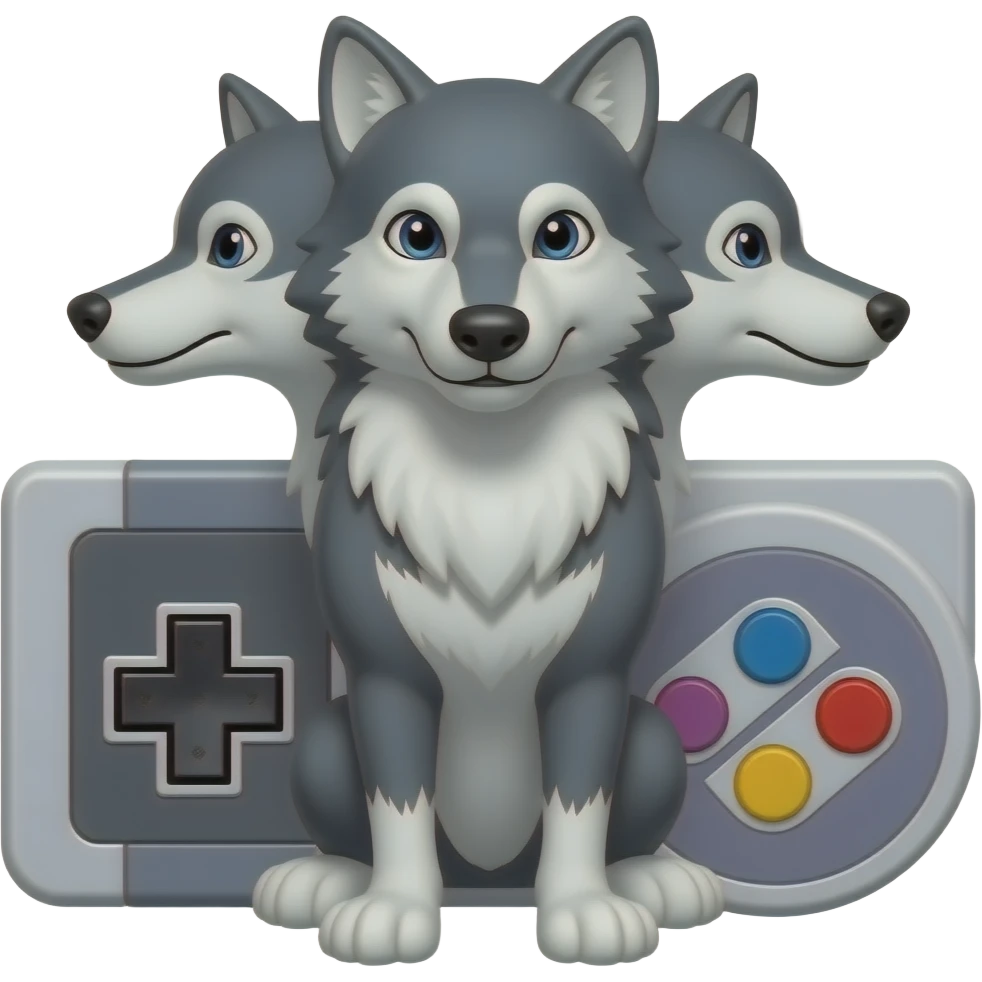 3 headed wolf with a snes controller behind it emoji