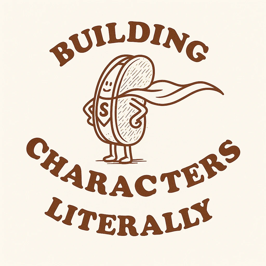 change the text here to be "building characters" on top "literally" on the bottom emoji