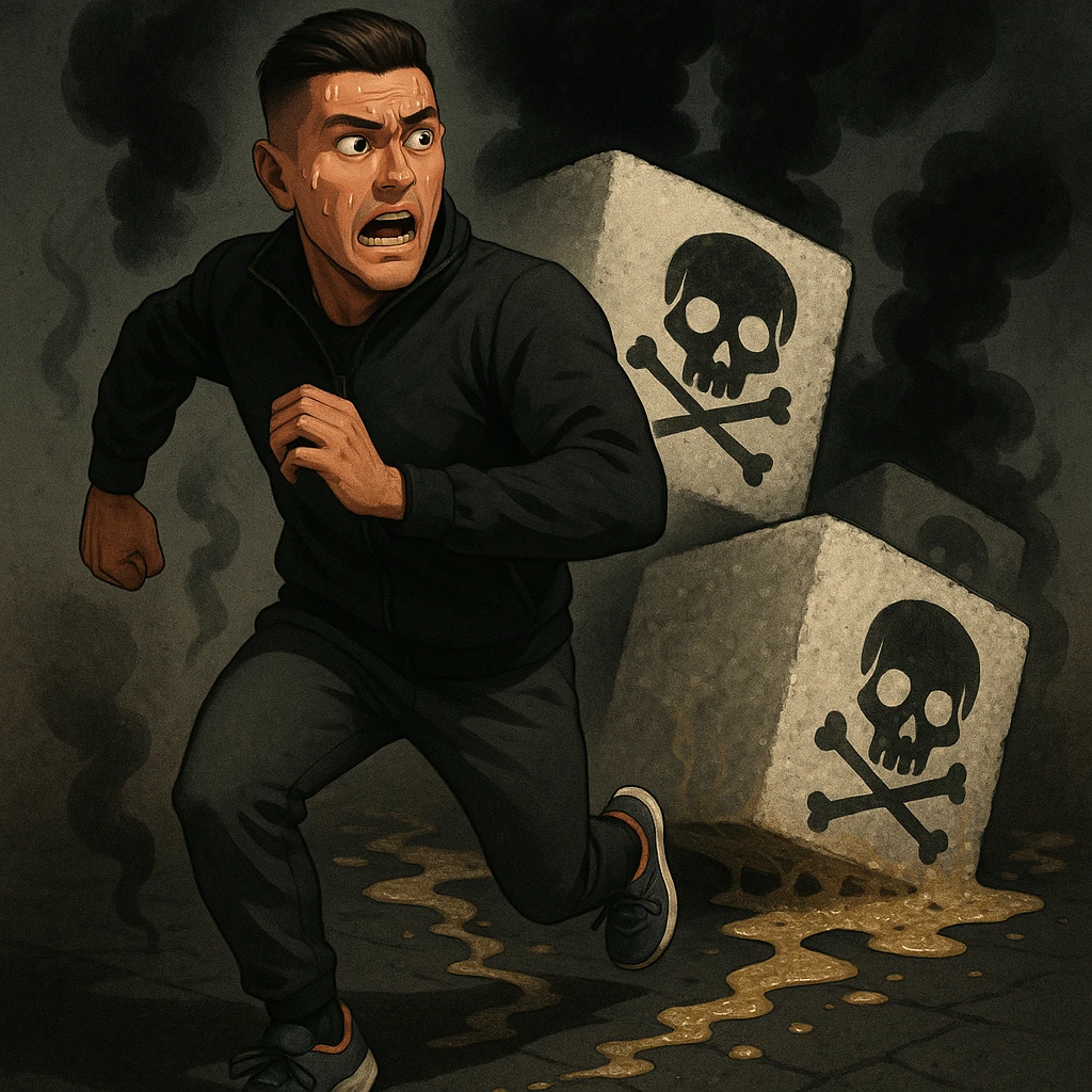 A man in his thirties inspired by the face in the reference photo, running away with a scared expression from huge stylized sugar cubes depicted as toxic with dark halos, poison symbols like skulls and black smoke. On the ground, traces of sugar melting and corroding what they touch. The man looks determined to escape, wearing sporty or casual clothes. The atmosphere is dark but dynamic, with strong symbolism of sugar as a harmful substance. emoji