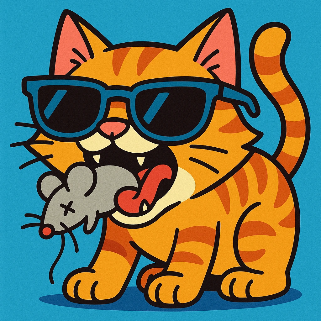 cat wearing sunglasses and eating a mouse, vibrant cartoon style emoji