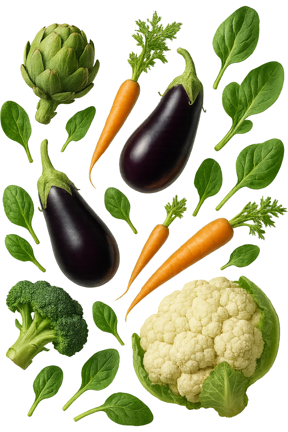 Carciofi, melanzane, carote, spinaci, broccoli, cavolfiore FLUTTUANO IN ARIA, IPERREALISTICO 4K emoji