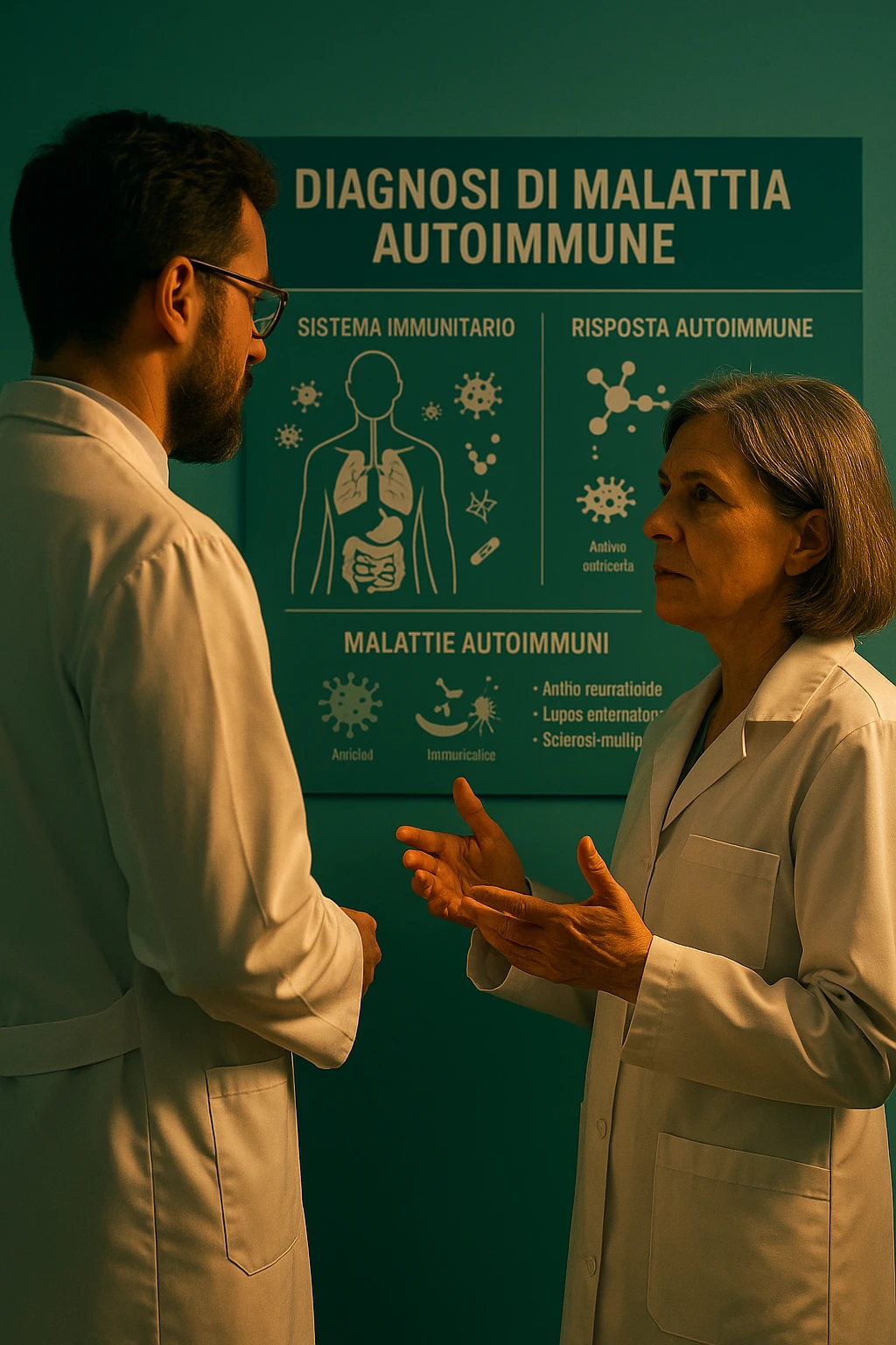 Realistic, detailed photo taken from behind of one doctor e un paziente —a bearded man and a middle-aged woman—standing and facing each other as they discuss an autoimmune disease diagnosis in front of a medical chart that displays information about the immune system and autoimmune conditions. The scene is illuminated by a yellowish, orange, warm light that softly envelops the doctors. The entire room is bathed in a single green-blue color, creating a cohesive and modern atmosphere. Both doctors wear white coats, and their body language suggests a serious, professional conversation about the complexities of autoimmune diseases. Shot with a Canon EOS R5, with high detail and natural depth of field. scritto in italiano emoji