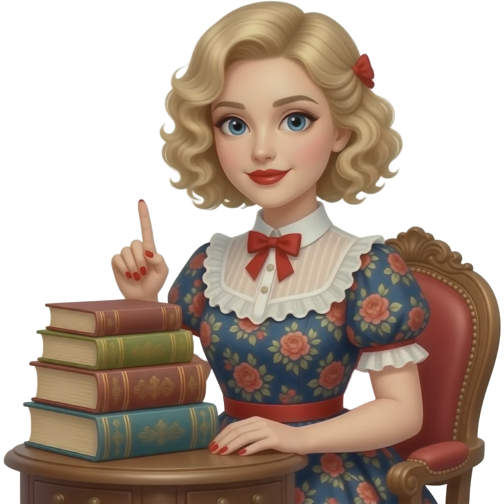 short blonde curly hair side swept bob a few antique books with Victorian floral dress, hair pinned up with red lipstick, red finger nail on an antique desk emoji