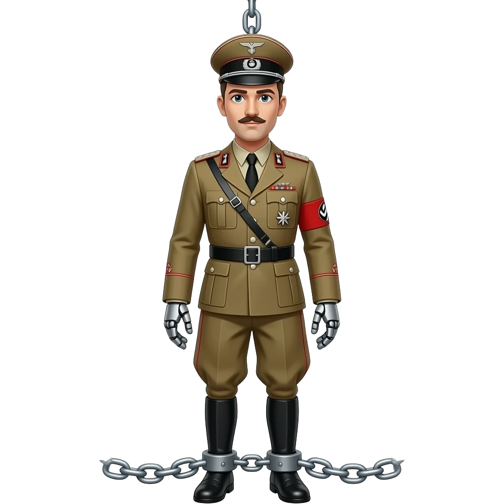 un robot vestito da fascista appeso a testa in giu per i piedi, con tanto di cappio ai piedi emoji