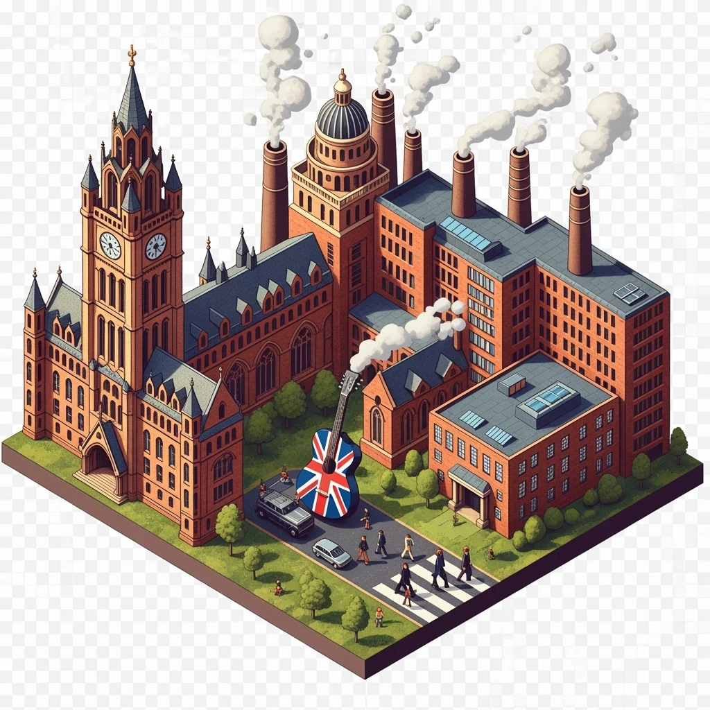 Isometric illustration of Manchester and Liverpool combined, Beatles references (Abbey Road sign), Manchester Town Hall, a Union Jack guitar and brick building in a miniature, toy-style factories, balanced between stylized painting and realistic,  transparent background emoji