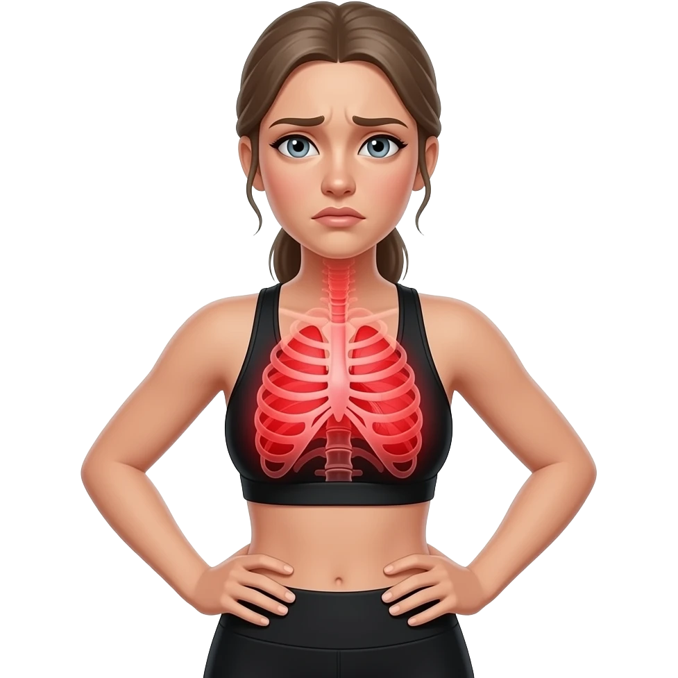 breathing discomfort, full red glow covering chest, ribs, and lung area, woman with hands on ribs, fair-skinned woman, gray-blue eyes, ash brown brows, ash light brown hair tied back, slim athletic body, black workout set emoji