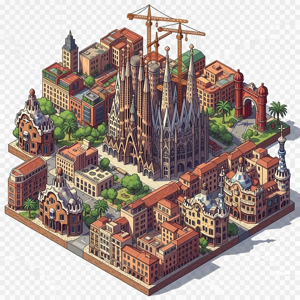 Isometric illustration of Barcelona, featuring Sagrada Familia with intricate spires, highly detailed in semi-realistic style with sharp outlines, balanced between stylized and realistic, 3D miniature effect, transparent background. emoji