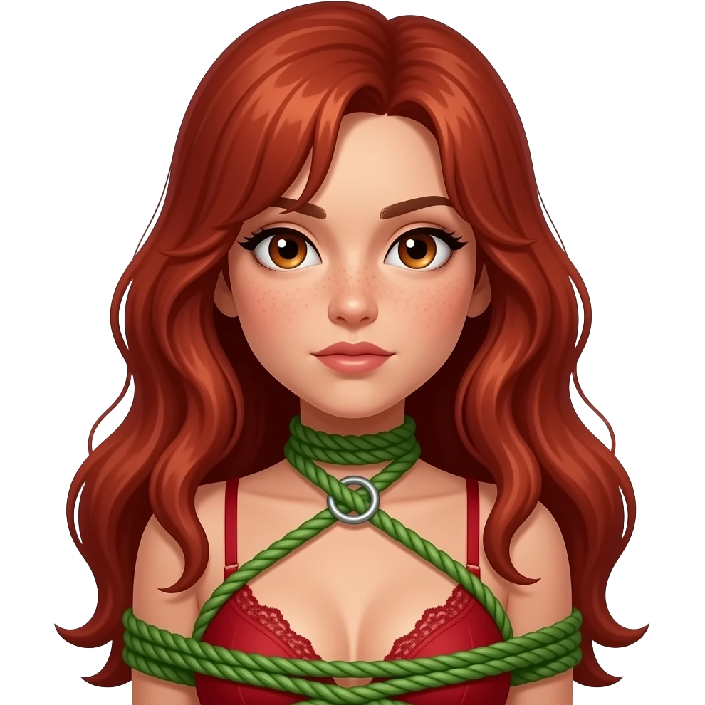 Light skin with freckles, long red hair, hazel eyes submissive, wearing red lingerie, and green rope tied in a hishi karada emoji