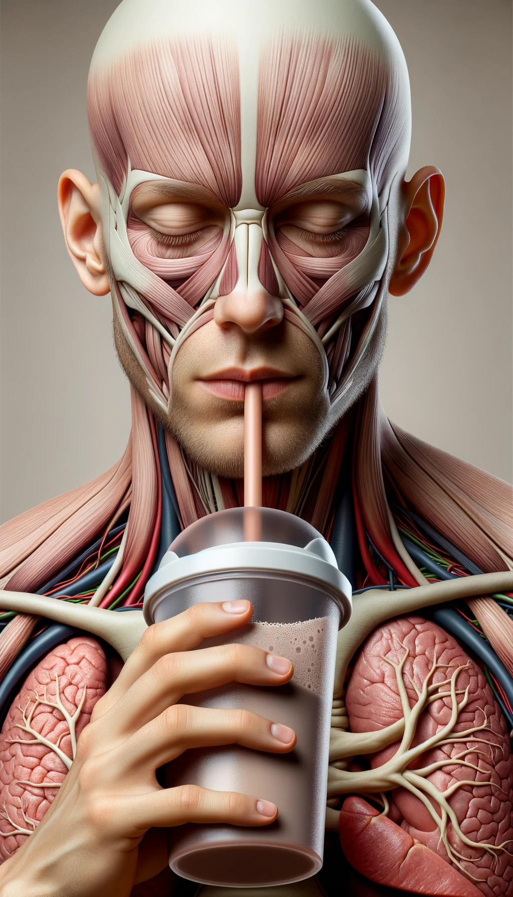 CORPO UMANO ANATOMICO CON OCCHI CHIUSI MENTRE BEVE UNO SHAKER PROTEICO, ORGANI IN EVIDENZA, IPERREALISTICO SFONDO CHIARO NEUTRO emoji
