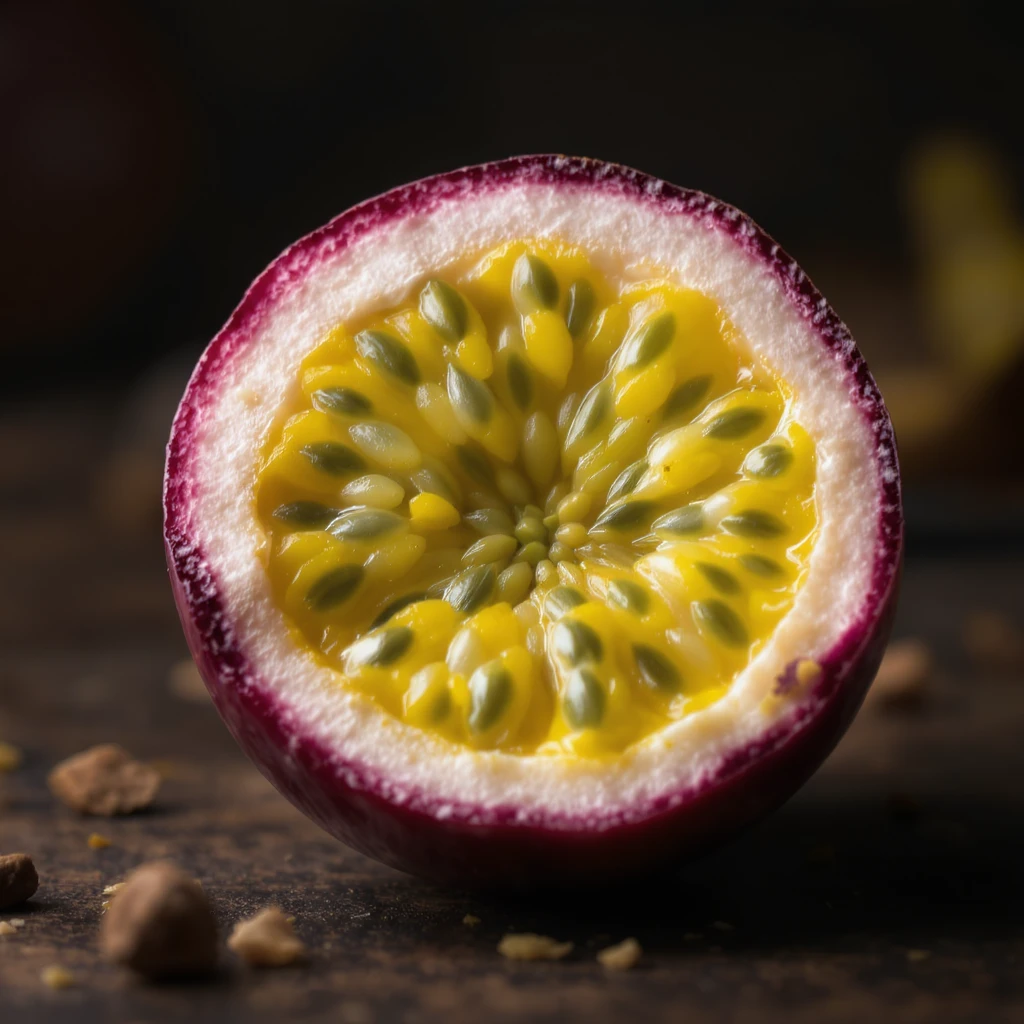 a sliced passionfruit showing seeds, vibrant colors, minimal background emoji