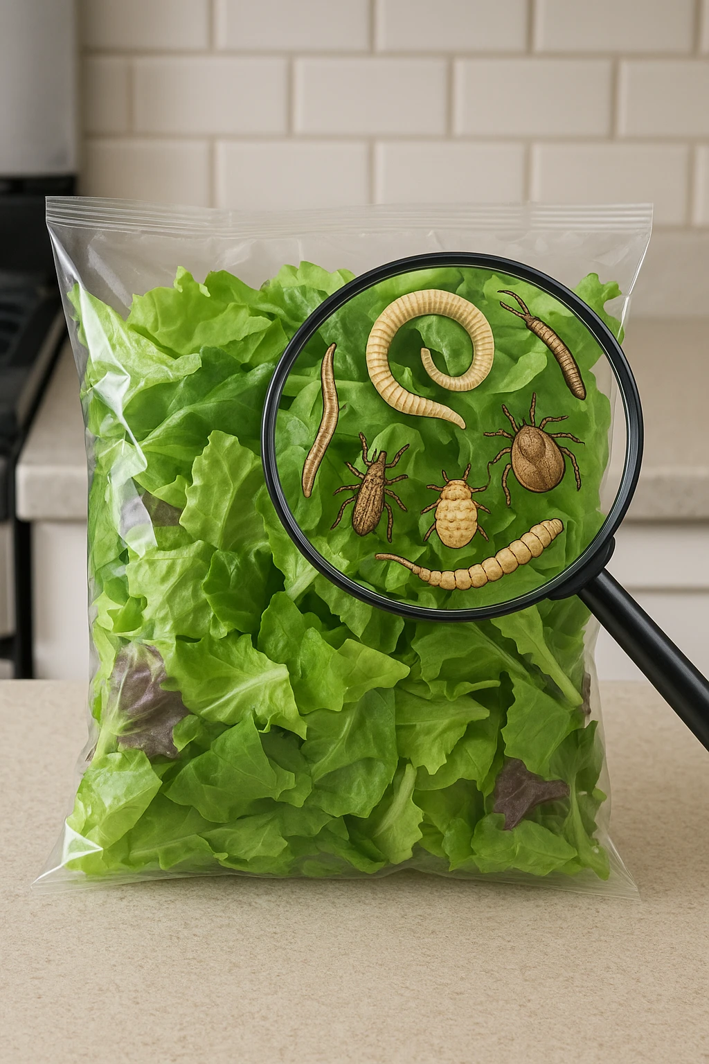 Insalata in busta ricca di pa transparent plastic bag of pre-washed salad sits on a kitchen counter. Through the bag, small, detailed images of various parasites (such as worms, larvae, or microscopic bugs) are visible among the lettuce leaves. A magnifying glass hovers over the bag, enlarging the parasites for emphasis. The mood is cautionary and educational.arassiti emoji