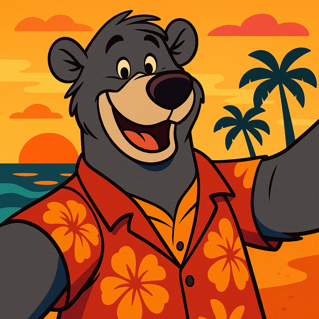 Baloo the bear taking a selfie with a beach sunset, smiling, casual vacation outfit, warm and inviting colors emoji