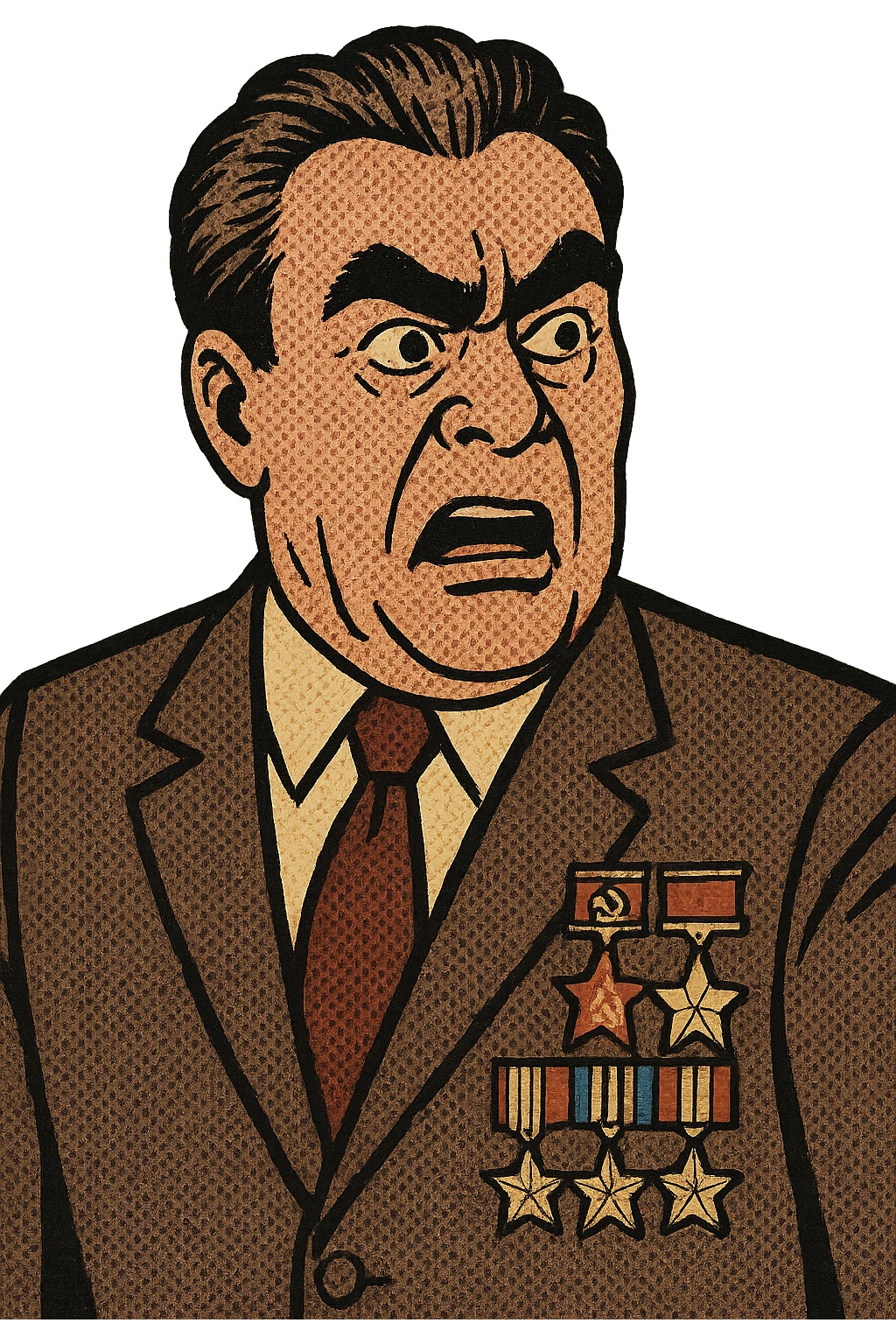 Soviet leader brezhnev wearing a suit with communist military medals looking angered  emoji