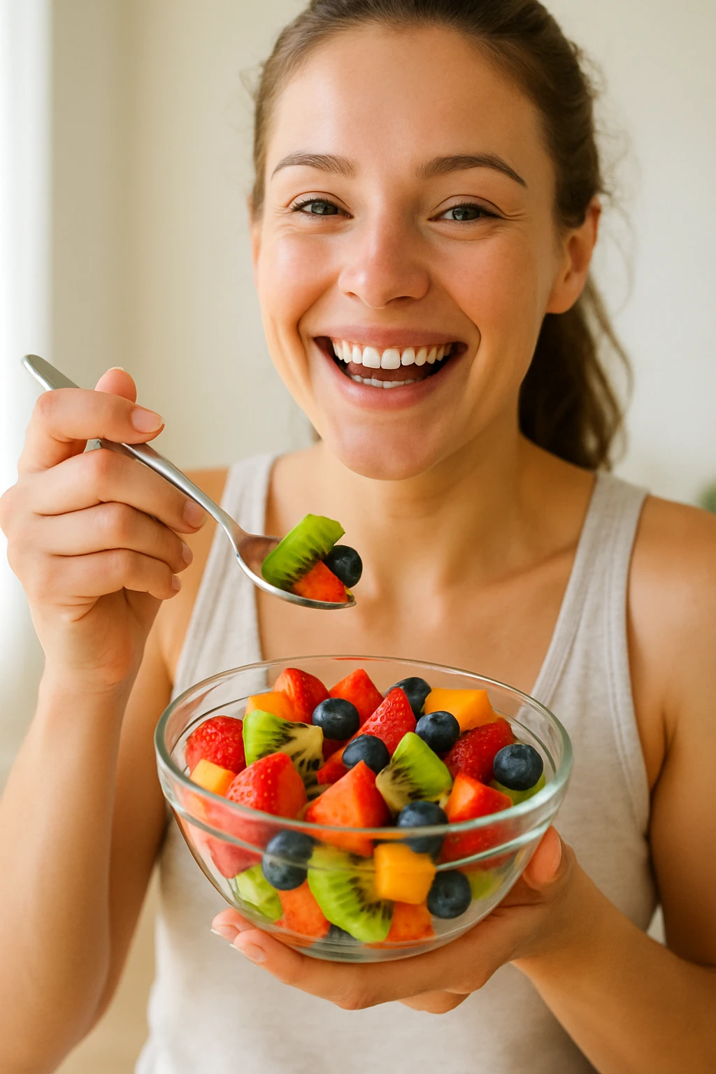 A cheerful person holding a glass bowl of colorful fruit salad with vibrant pieces of strawberries, kiwis, and blueberries visible. The person is wearing a casual, light-colored tank top and has a friendly, bright smile as they prepare to take a bite with a spoon. The overall composition focuses on health and enjoyment. emoji
