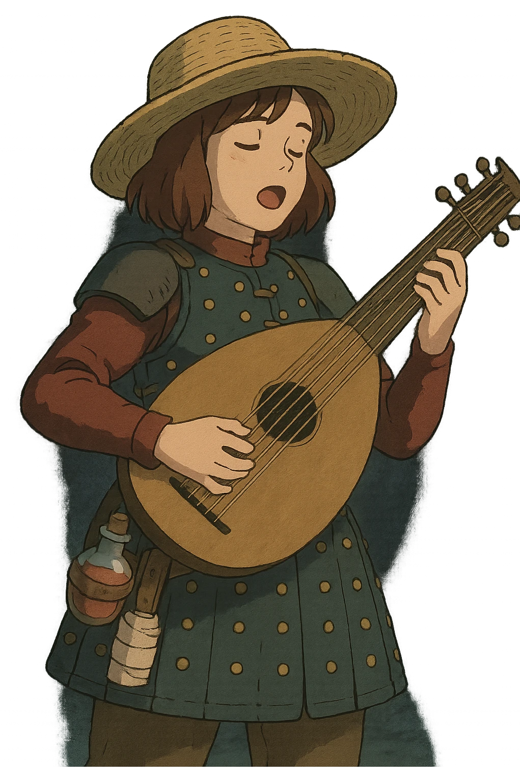 A female bard wearing brigandine armor with a sturdy straw hat, playing a fat lute and singing, night time shadows  , tool belt with red potion and bandages  emoji
