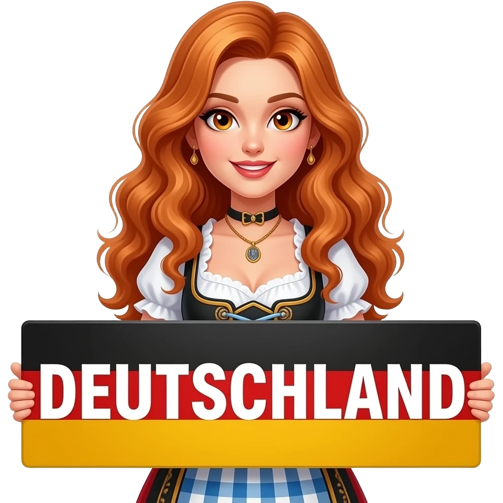 sexy girl with long curvy ginger hair and ginger eyes wearing a dirndl is holding a DEUTSCHLAND sign, emoji