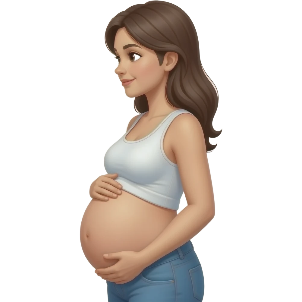 pregnant woman standing in profile, side view, exposed belly, holding her abdomen emoji