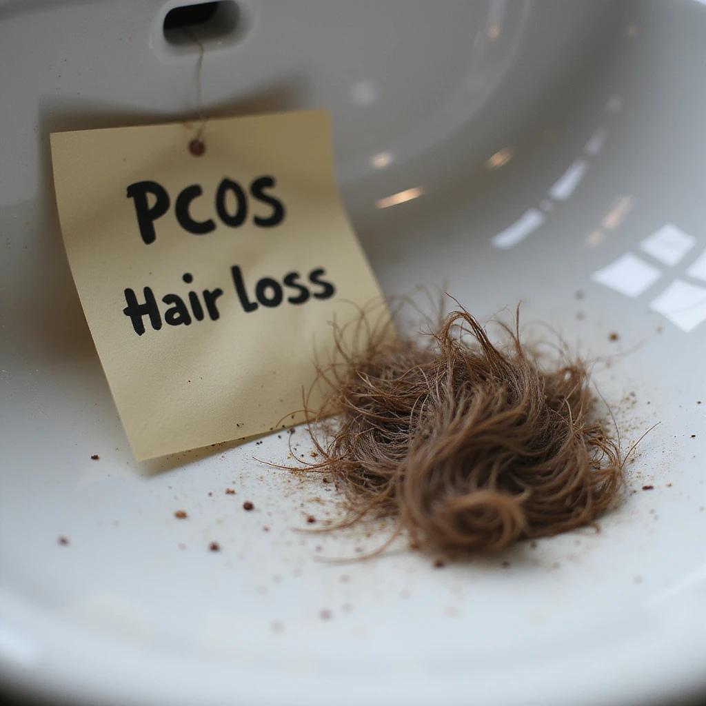 hyperrealistic 4K macro detail of a clump of fallen hair on a sink with a note next to it reading 'PCOS – Hair loss' in Italian emoji