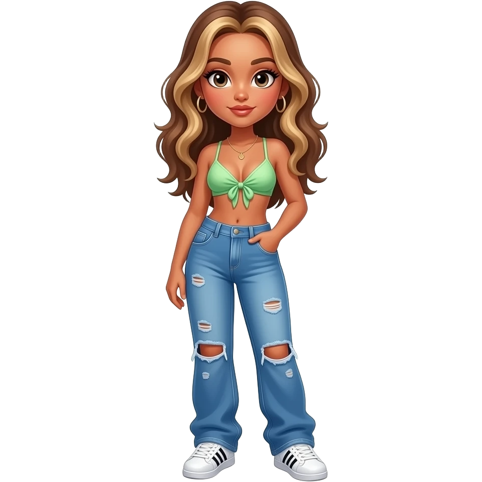preppy teenage girl, tan, blonde highlights, brown long hair, long eyelashes, beach aesthetic, wearing cute clothes, sexy, wearing ripped blue long baggy jeans with a pastel green revealing crop top, wearing Somba Adidas emoji