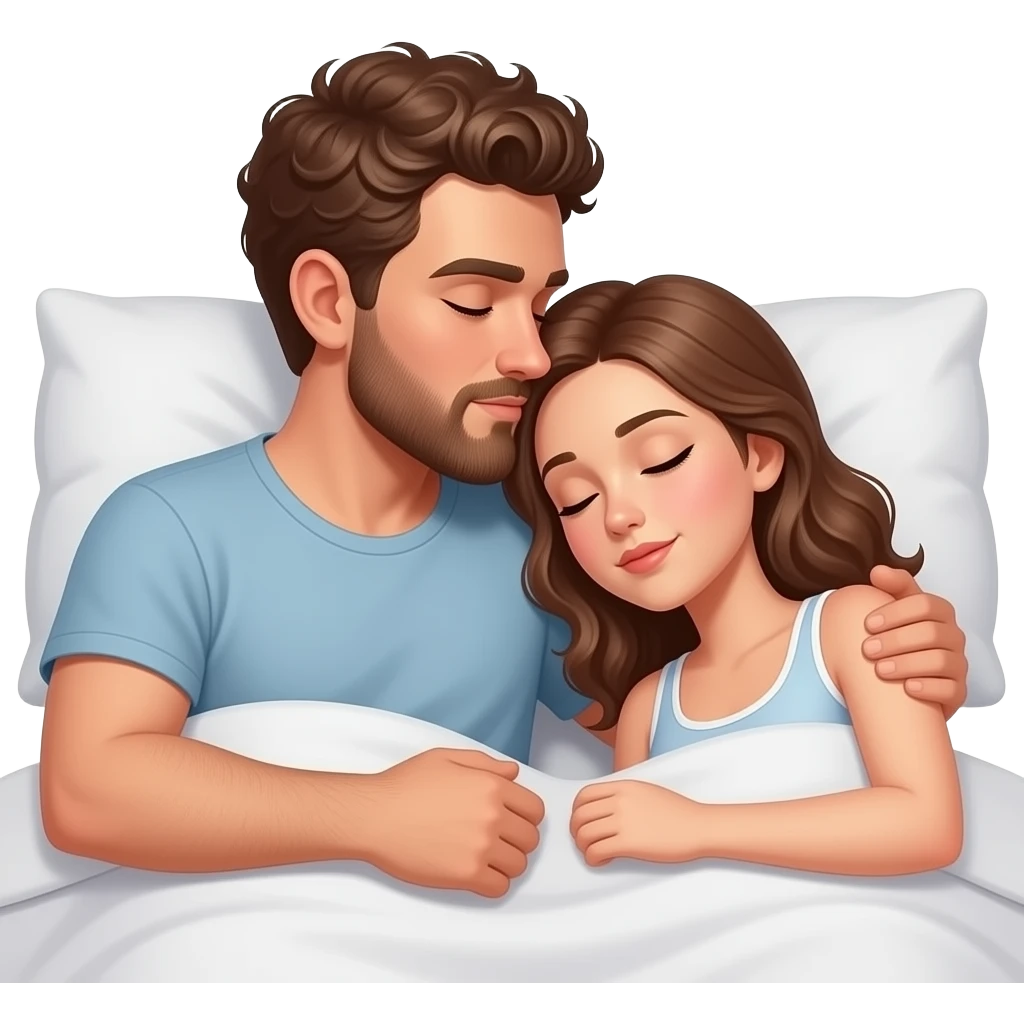 Realistic white man brown super short curly hair with beard kissing while sleeping in bed realistic white girl brown hair emoji
