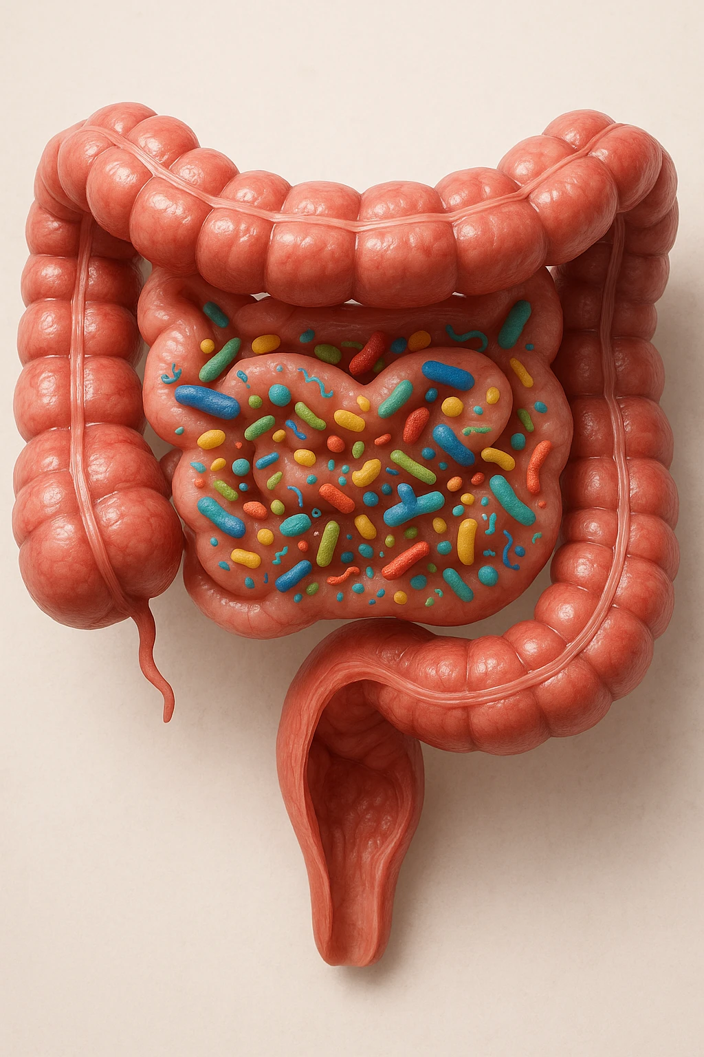 intestino umano anatomico in salute con batteri intestinali, sfondo chiaro neutro, IPERREALISTICA 4K emoji