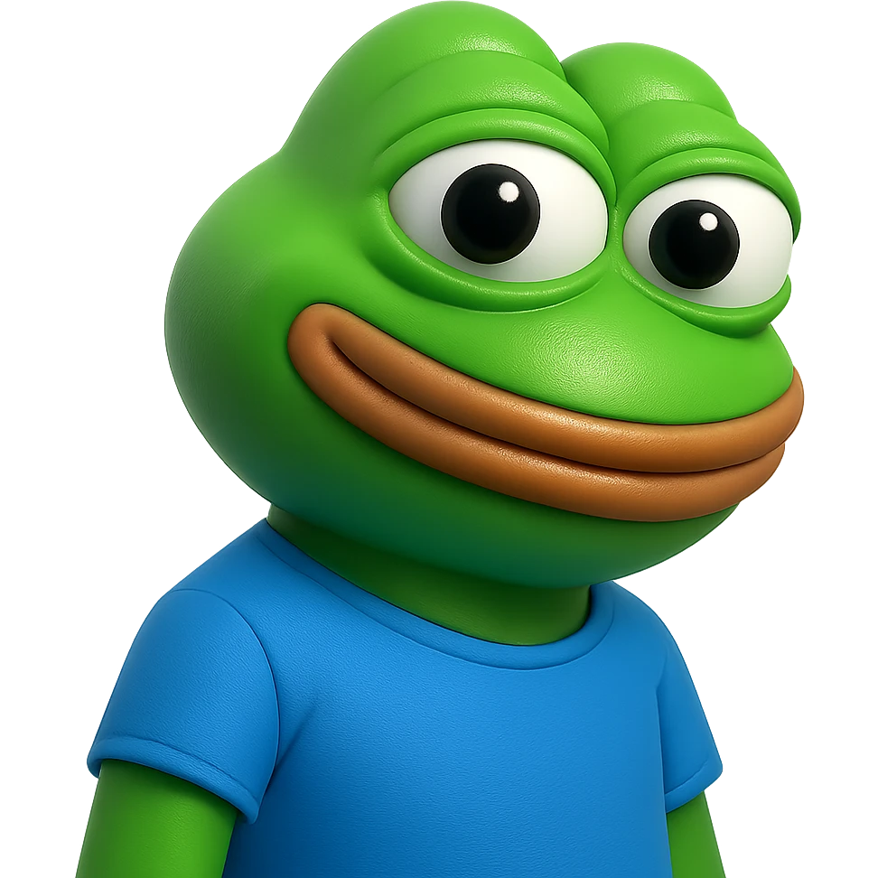 pepe in
- 3d style
- bright green
- blue shirt
- smiling
- looking straight at the camera
- good highlights and shadows
- 30deg angled towards the right
- 20% inset padding emoji
