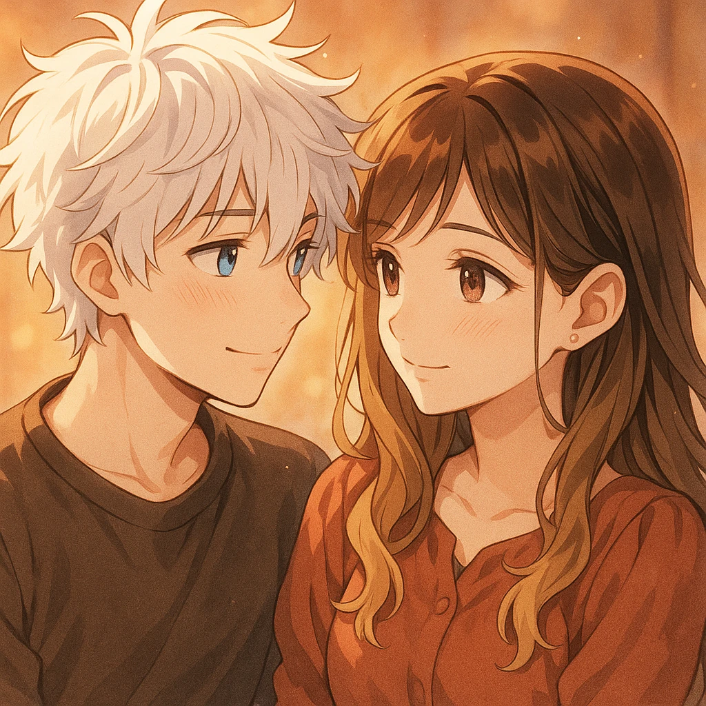 A boy with messy white hair and blue eyes looking lovingly at a beautiful girl with brunette and blonde hair and brown eyes, both with gentle and affectionate expressions. emoji