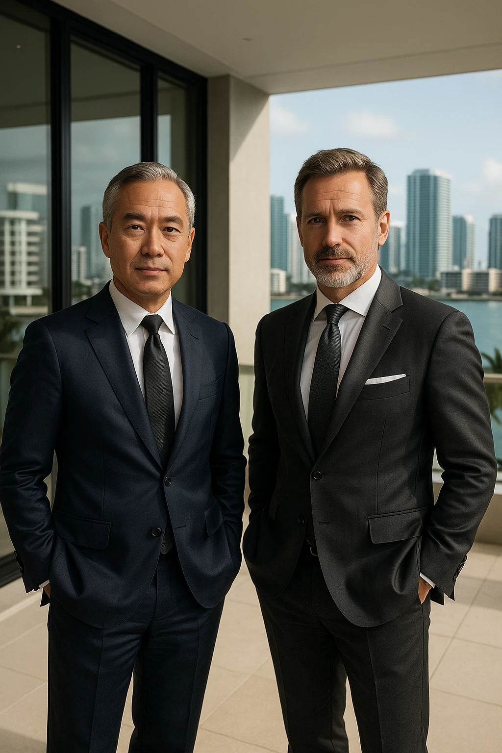 Foto hiper realista que refleje a nuestro cliente ideal de real estate: Empresarios y propietarios internacionales que necesitan vender, reinvertir o diversificar su portafolio en propiedades residenciales o comerciales en Miami, con absoluta confidencialidad y criterio. emoji