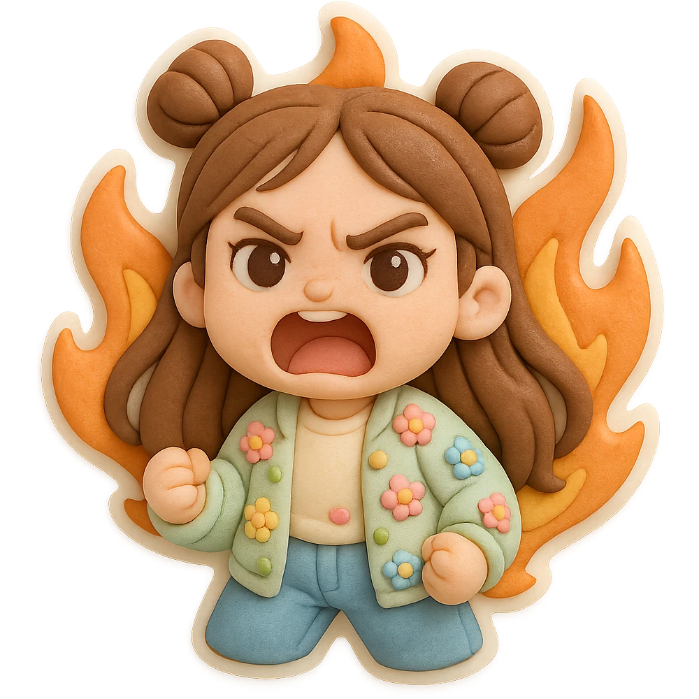 3D chibi fondant cake art style, high-quality rendering with smooth shadows and soft gradients. Girl based on reference image preserving facial features, long brown hair in two space buns, brown eyes, jeans, pastel floral cardigan, thick white outline like a sticker, transparent background. Screaming angrily while on fire. emoji