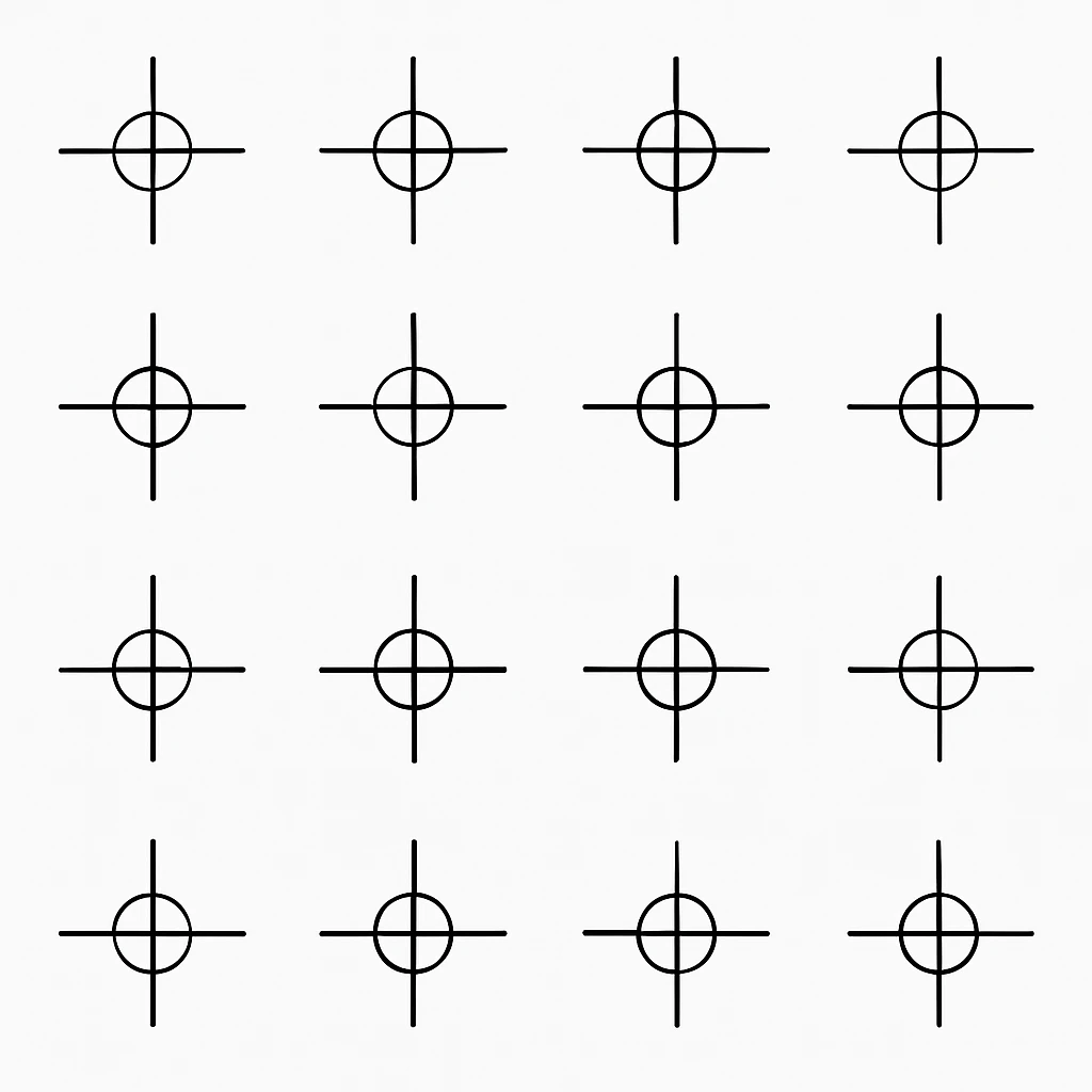 a series of layout markings spaced in an even symmetrical grid, as in camera viewfinder crosshairs. black and white high contrast, precision optics. this is the blank unit high resolution template emoji