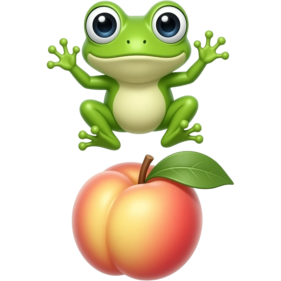 Frog & Peach Pub: stylish 3D emoji style, glossy surface, soft shadows, white background, centered, no text, frog character jumping over peach, big expressive eyes, bright green, emoji