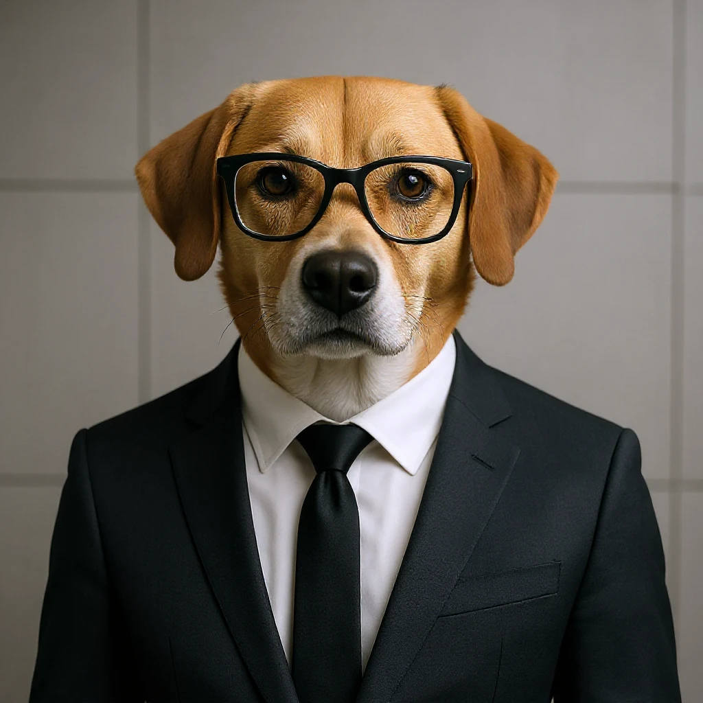 Add glasses to the dog in a suit, modern, clean, professional style, keep background as is. emoji