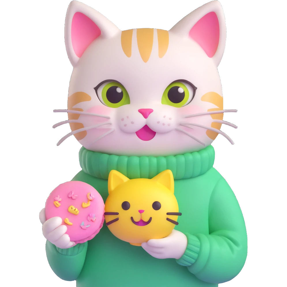 cute cat with big eyes, wearing a green sweater with yellow smiley faces, holding a pink macaron, soft and shiny, inspired by Apple emoji aesthetics, 3D iOS style emoji, variation 2 emoji