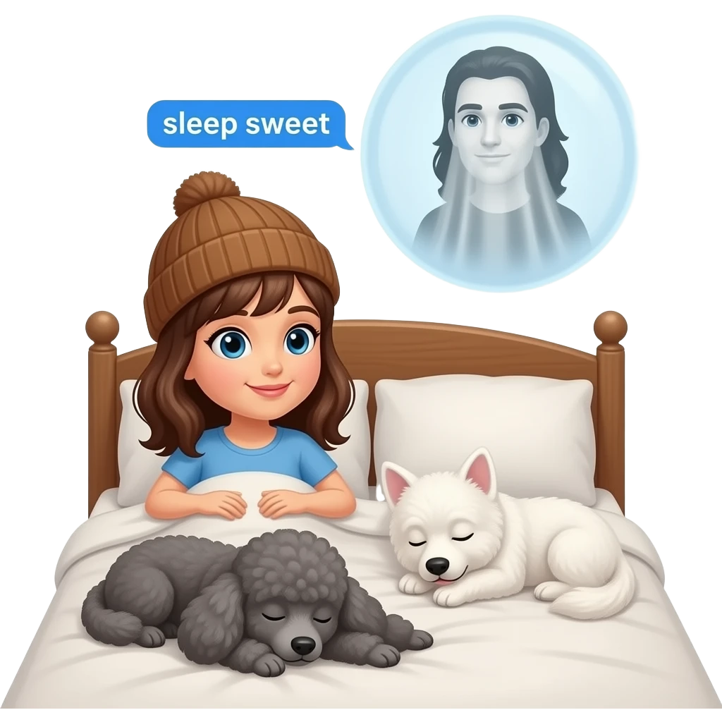 A woman with brown hair and a brown beanie is in bed. Two dogs, one grey poodle, one white dog sleep on the bed. A ghostly apparition of a man with long dark hair floats in the air above her in a white bubble. Chat text from the ghostly man reads: "sleep sweet" emoji