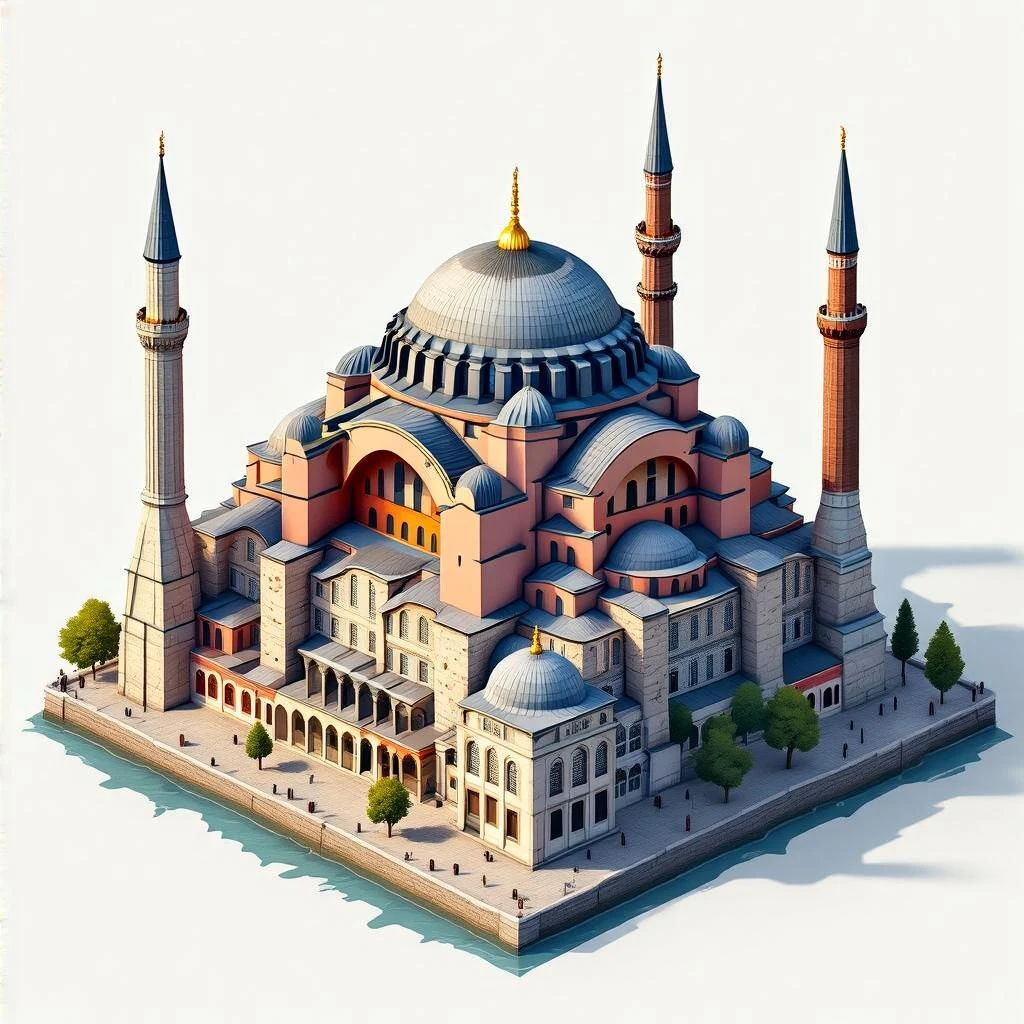 Isometric illustration of Istanbul, featuring photorealistic of Hagia Sophia in Istanbul central dome with four minarets, subtle stone textures, soft lighting and shadows, semi-realistic and stylized miniature look, transparent background. emoji