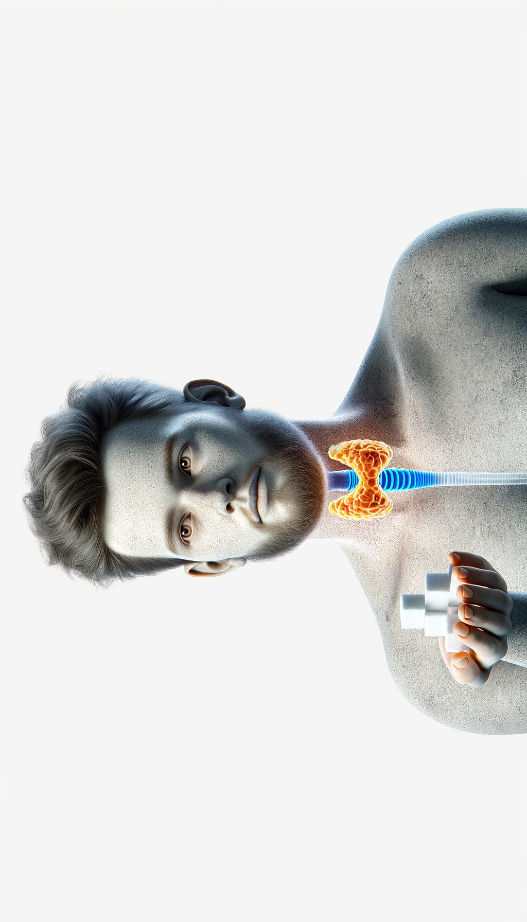 corpo umano anatomico con capelli corti a figura intera fino alle ginocchia, tiroide infiammata in evidenza, tiene in mano una manciata di zollette di zucchero, iperrealistica 4k, isolato su sfondo bianco emoji