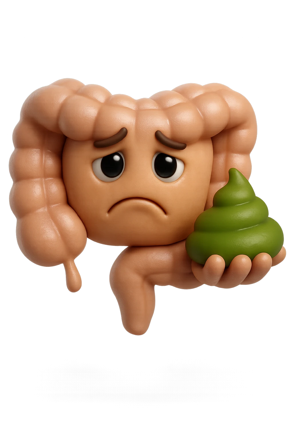 emoji stile iphone 3d di un intestino con espressione triste con cacca verde e liquida in mano , iperrealistiche 4k emoji