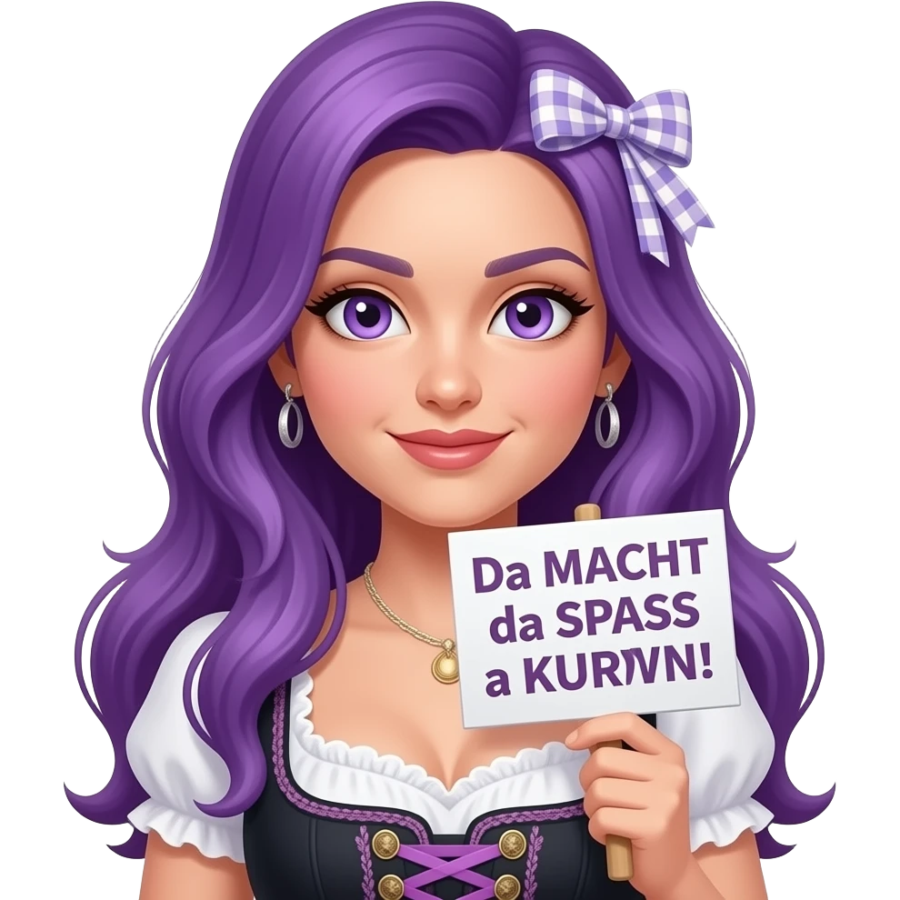 sexy girl with long purple hair and purple eyes wearing a dirndl holding a Da MACHT da SPASS a KURVN!sign emoji