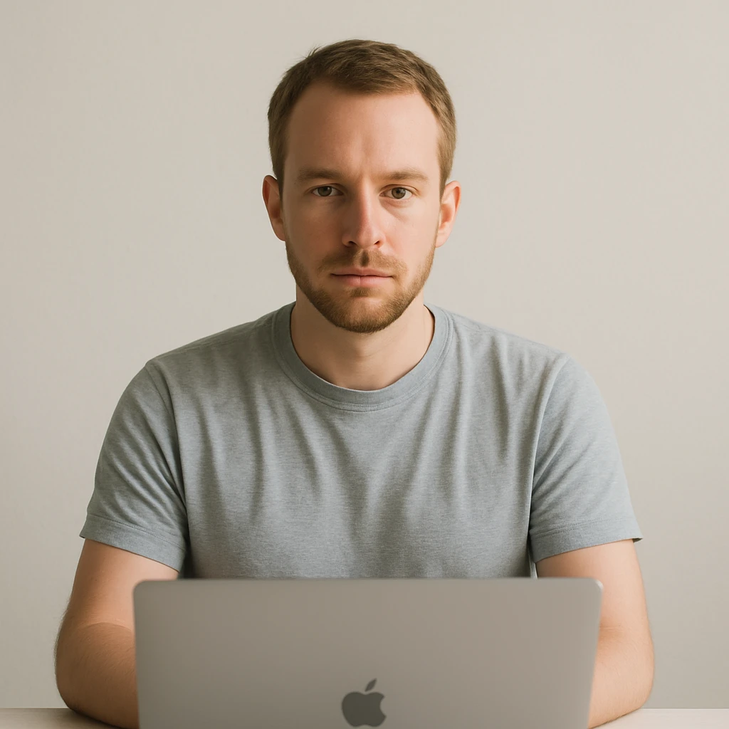 a white man in front of a laptop, neutral background emoji