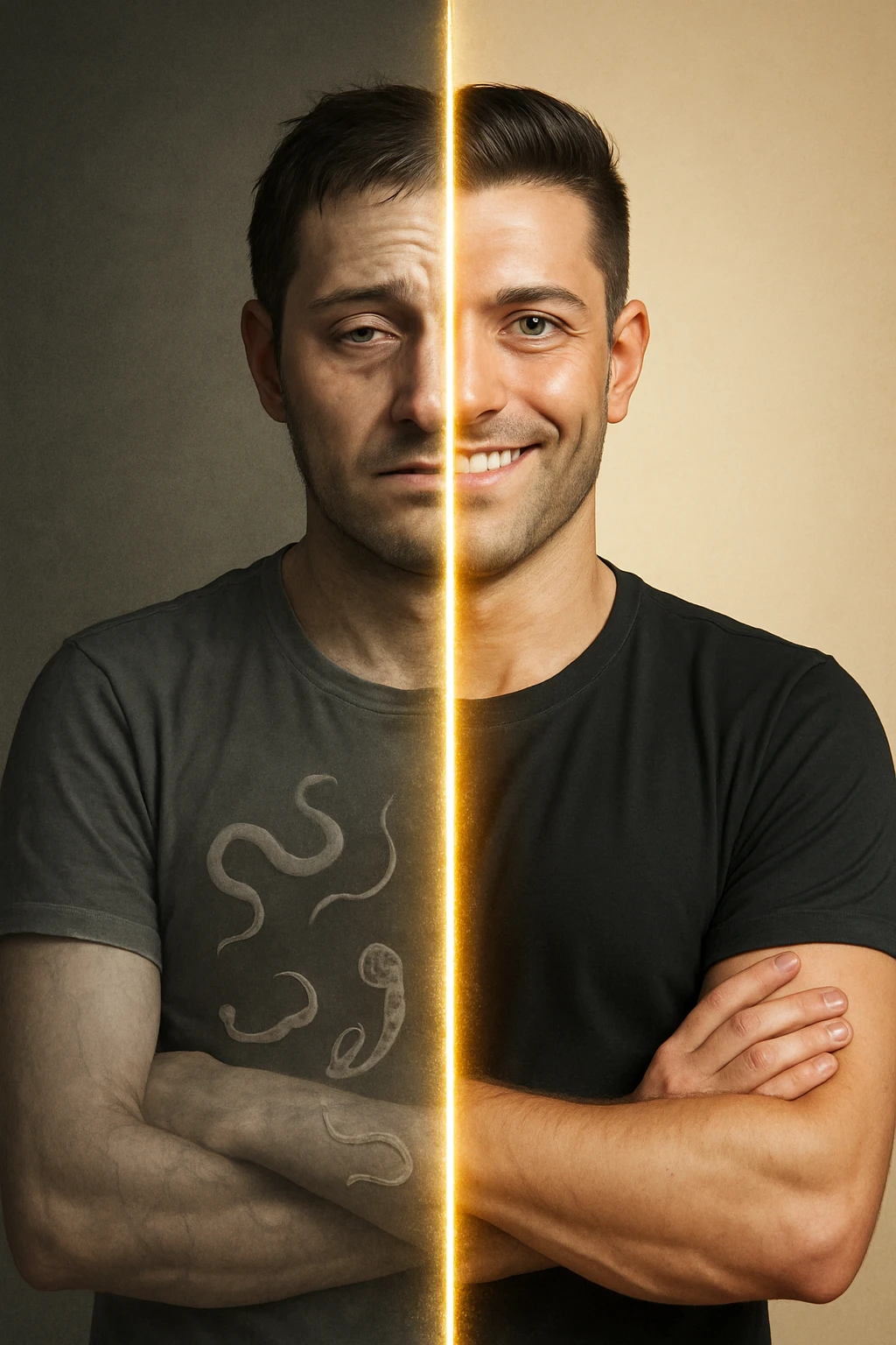 a man is depicted in two halves—on one side, he appears tired and weighed down, with faint, ghostly images of parasites visible inside his torso; on the other side, he is vibrant and healthy, with clear skin and bright eyes, the parasites gone. A visual transition or glowing line separates the two states, symbolizing recovery. emoji