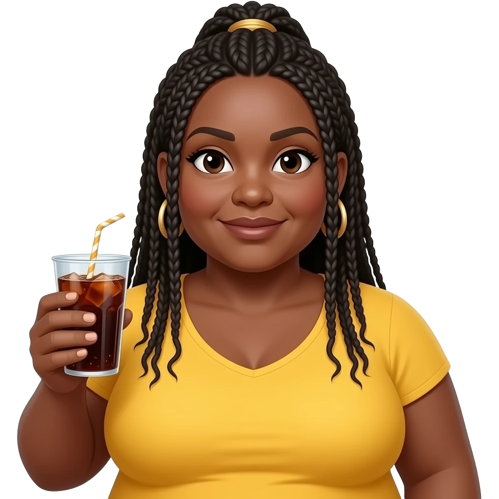 chubby professional black woman in her 40s with long thin hair braids pulled some up some down wearing a yellow top and holding cup of soda emoji