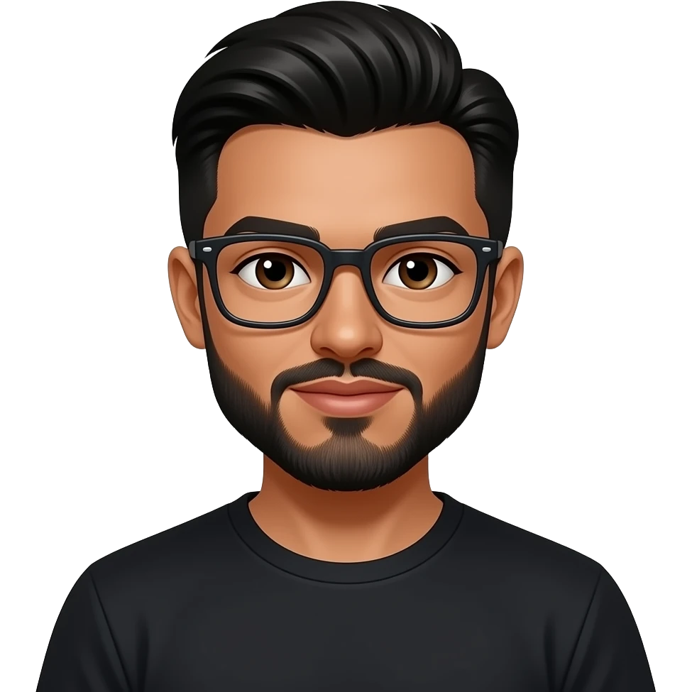 black slick back hair, tan skin, black beard, with squar glasses, brown eyes, black tee shirt, lip stick on face emoji