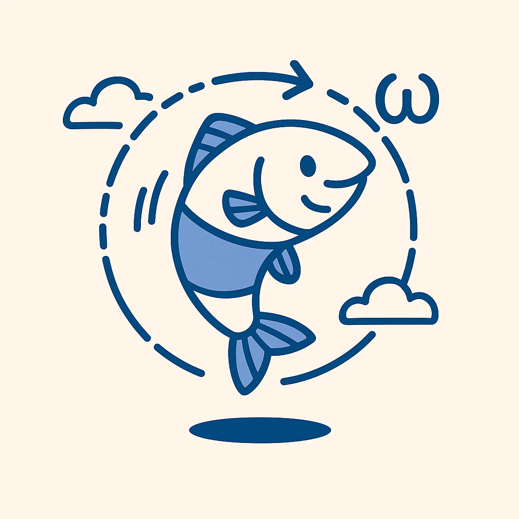 Playful fish spinning around its own axis, dashed circle, motion blur, omega (ω) symbol, visually explaining angular velocity in a fun, easy-to-understand way emoji