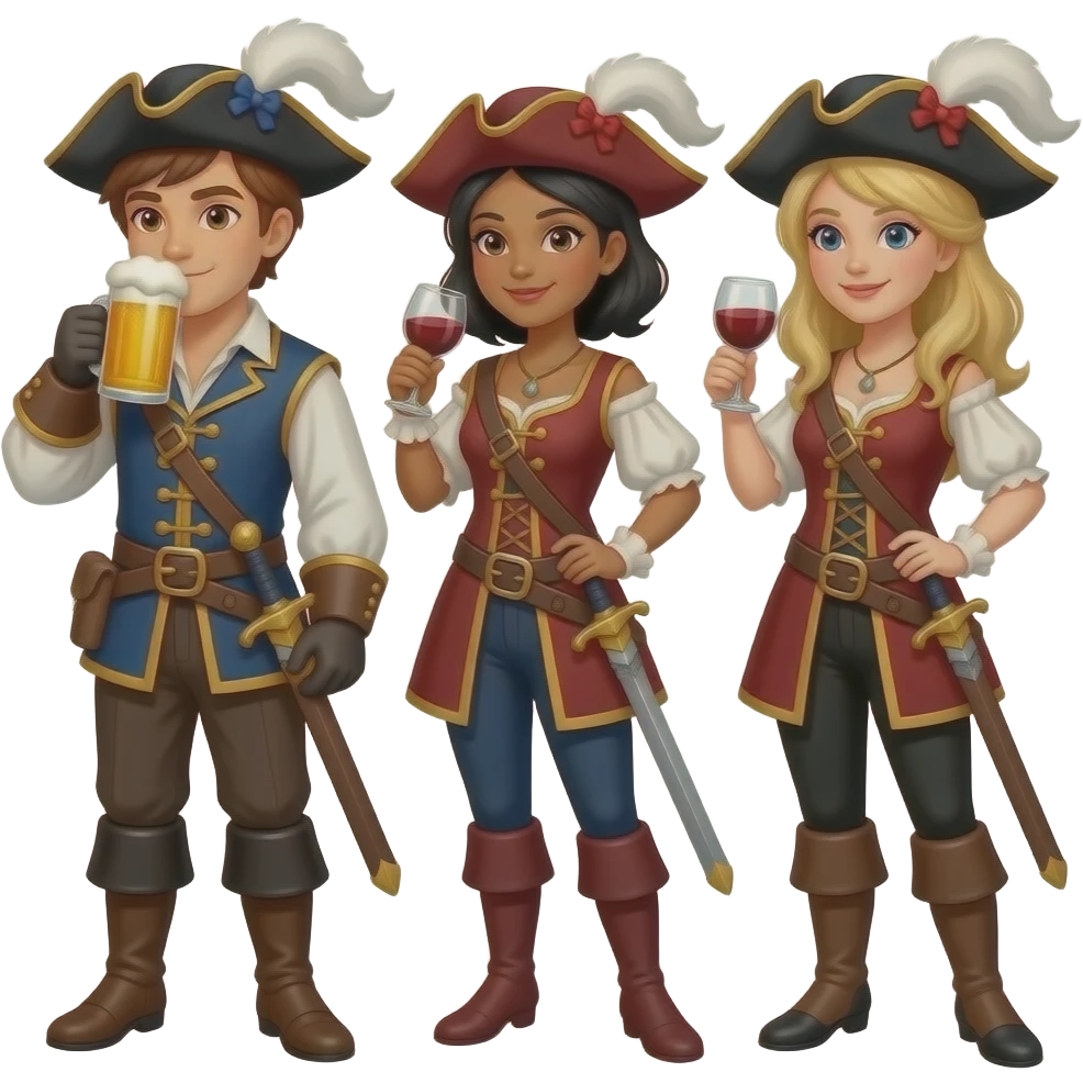 Three musketeers with swords and hats. One guy with brown hair and brown eyes, one girl with black hair and tanned skin and one girl with blond hair. You have to see them in full, the guy is drinking beer and the girls wine. emoji