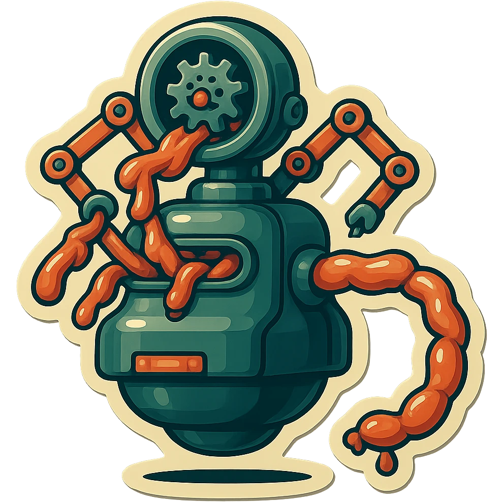 sausage-processing droid. retro-futuristic style. top is a large circular industrial grinder rotating gears and blades. Two robotic arms feed material into grinder. Sausage links extrude from the rear like  factory. The body is metallic, compact, and floats above the ground.no legs. Dark humor emoji