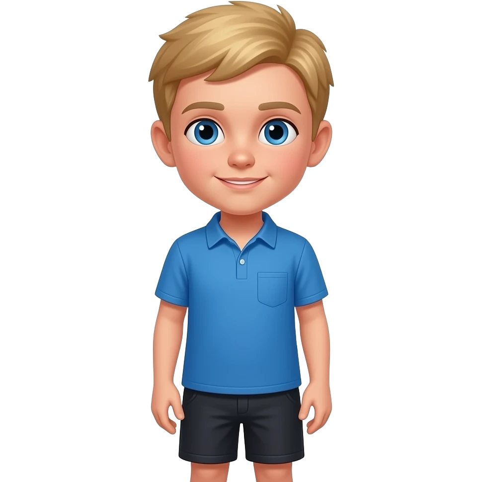 boy short blonde hair blue shirt black sharts, blue eyes 12 yr old emoji